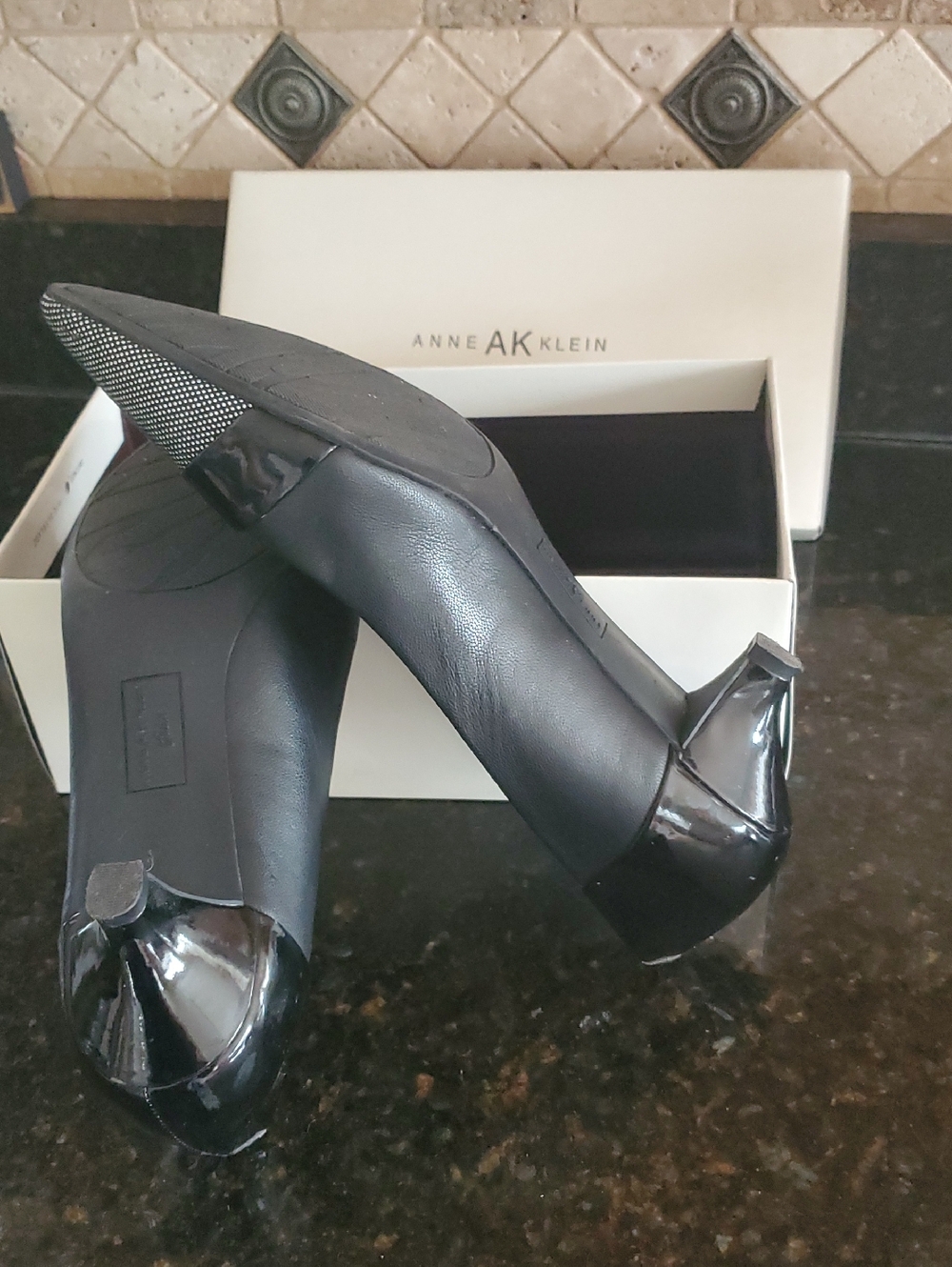 Anne Klein Black Leather Kitten Heel Pumps with Black & White Tweed Toe  Accents